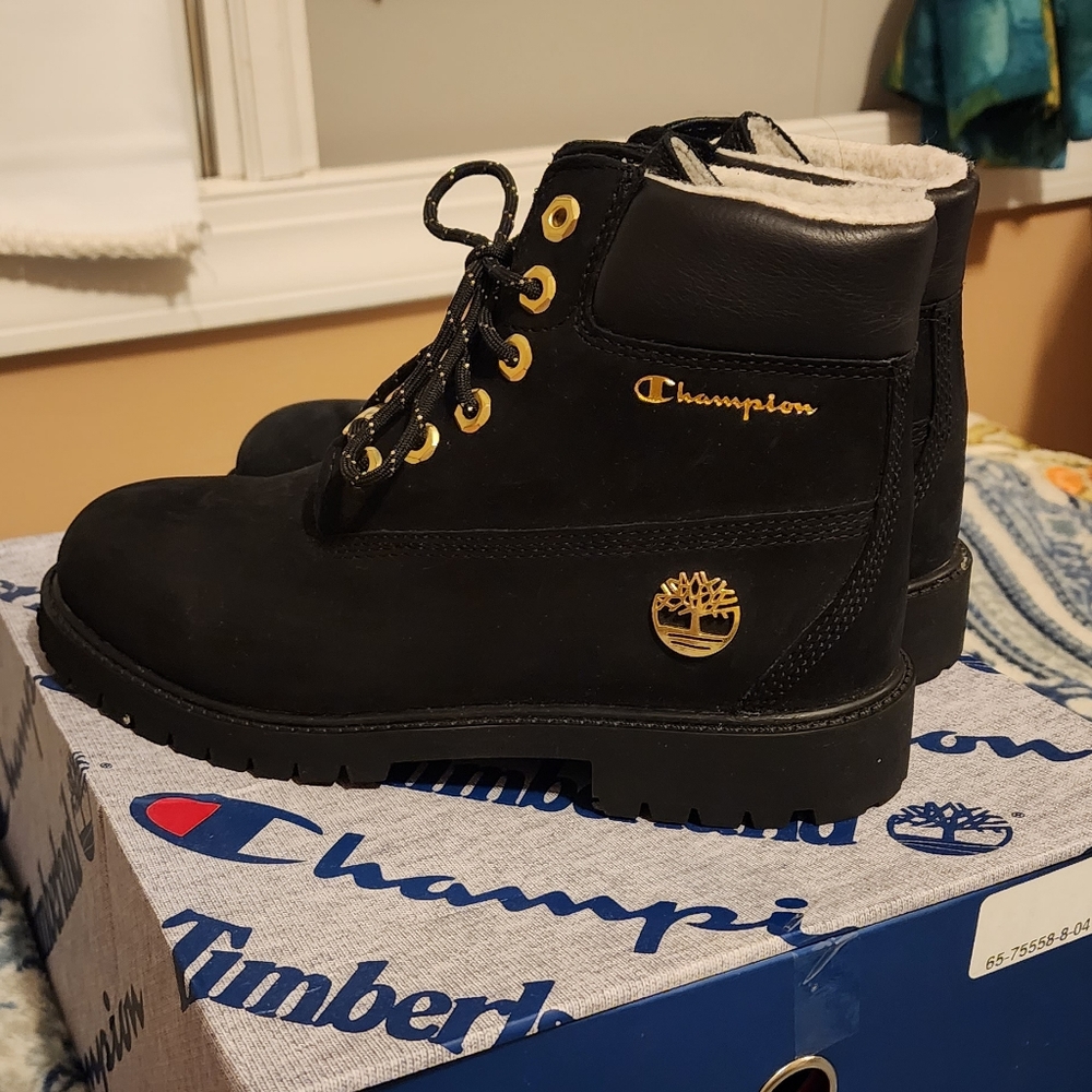 Black and gold Champion x Timberland boots